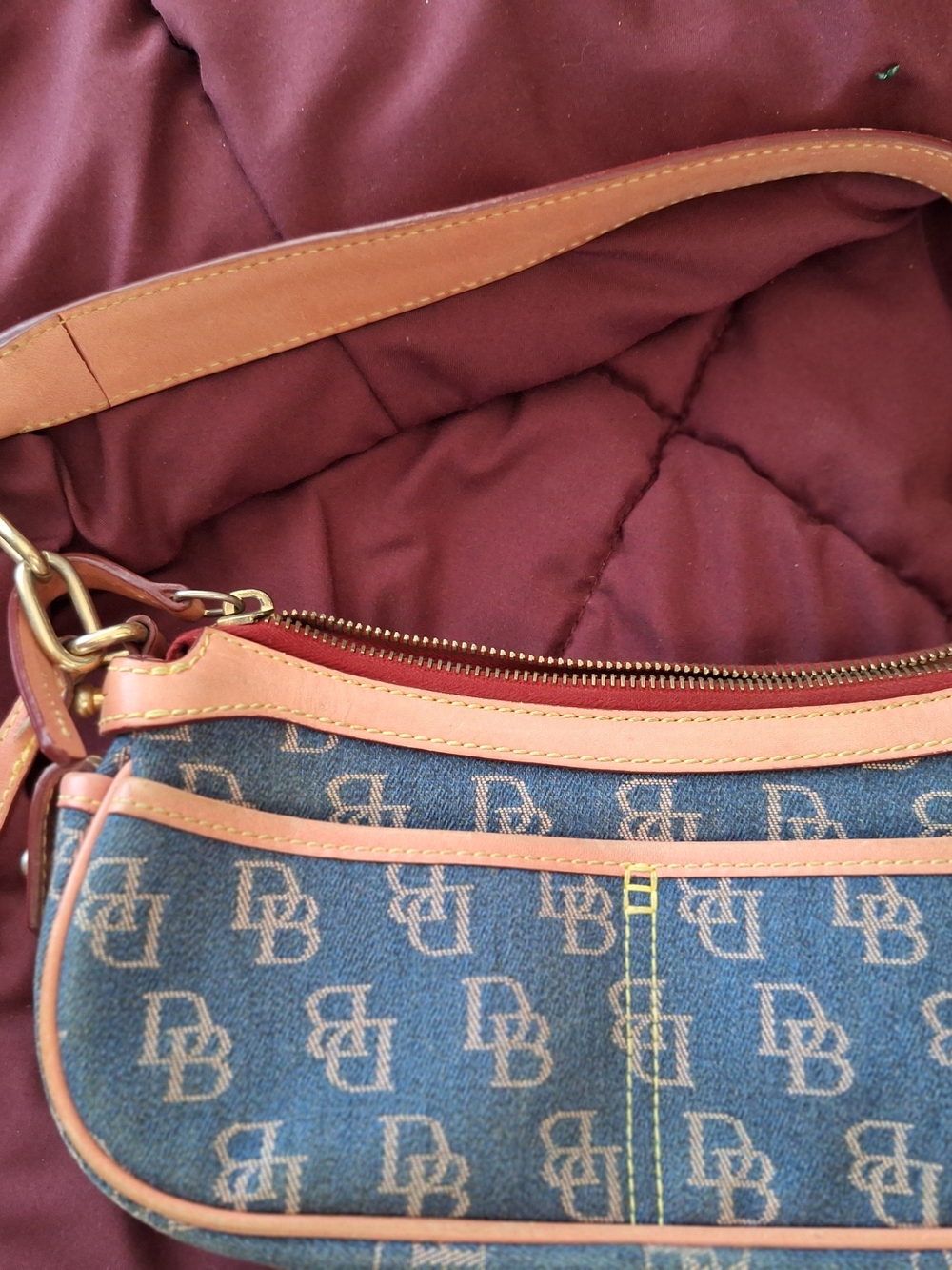 Dooney & Bourke Blue Monogram Denim Shoulder Bag with Tan Leather Trim - Picture 2 of 5